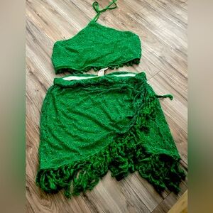 Green Lace Fringe Skirt and Neck Tie Halter Top